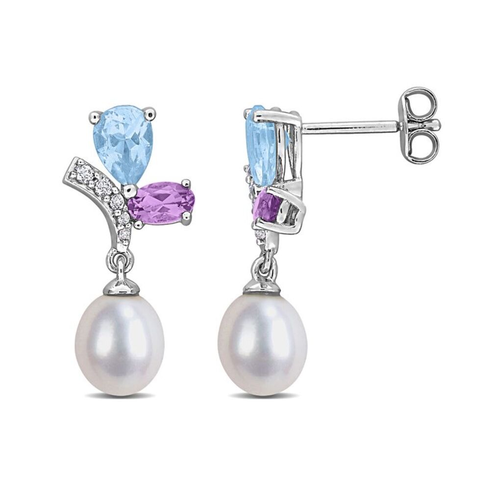 1.58 Carat (ctw) Rose-De-France, Blue and White Topaz, Freshwater Pearl Earrings